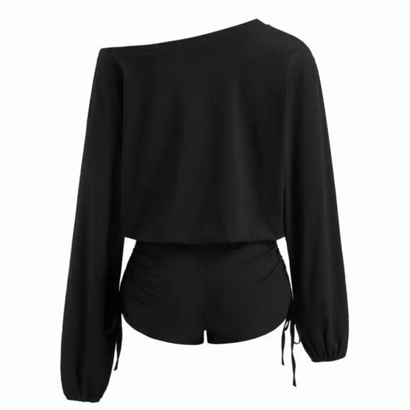 CIDER Asymmetrical Neck Drawstring Romper Black Women's NWT XS - Picture 4 of 7